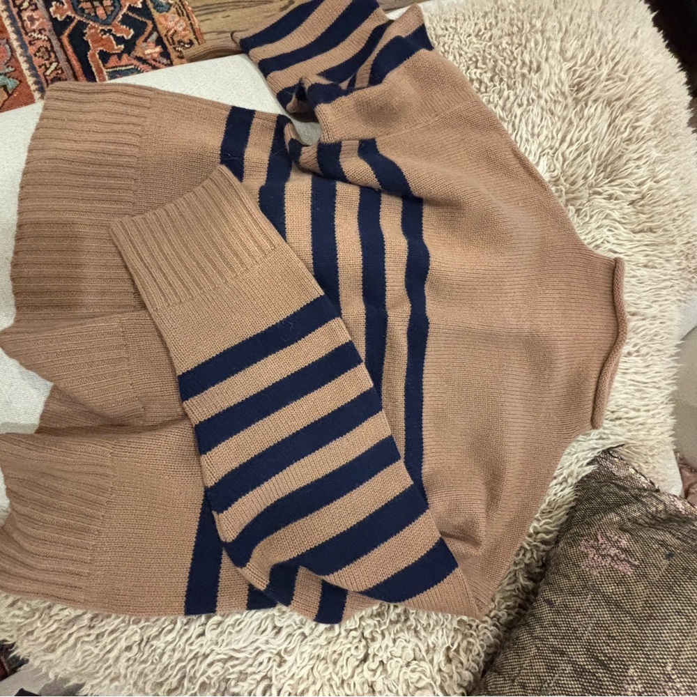 KULE Tan and Navy Striped Turtleneck Sweater